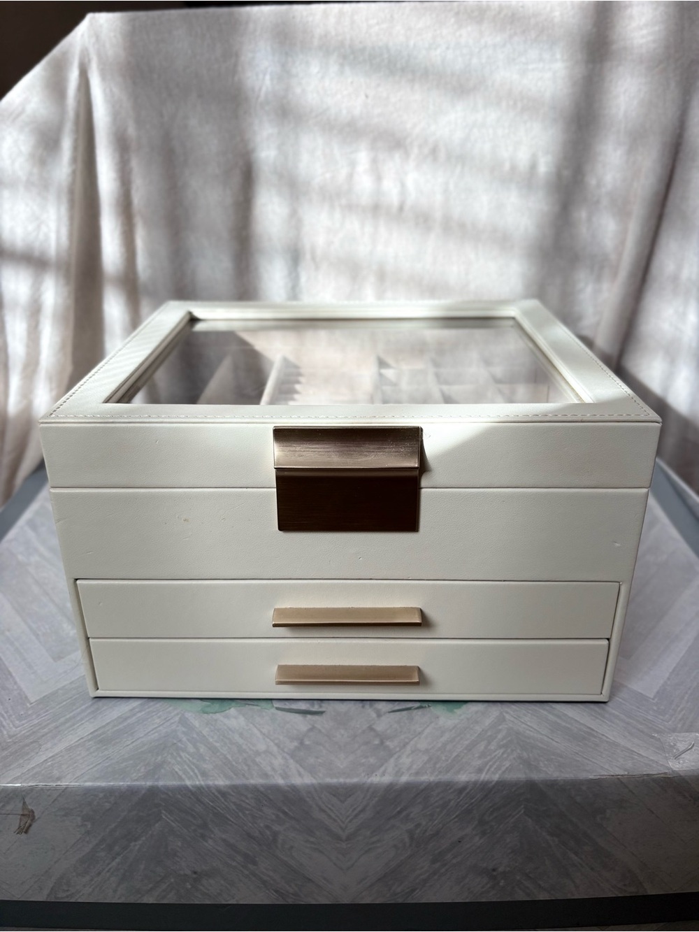 SONGMICS beige  Glass Top Jewelry Box Organizer 2 Drawers Gold Hardware